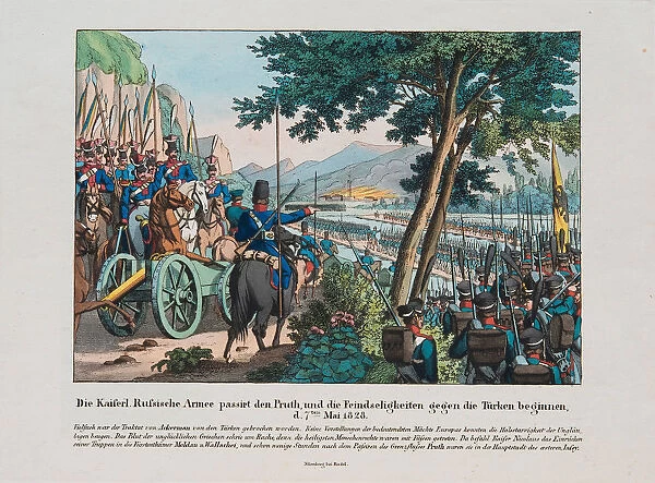 Russian army crosses the Pruth River into Moldavia on May 1828, c. 1830. Artist: Anonymous