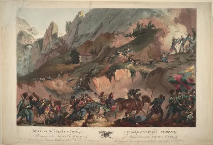Framed Print : Russian Army Crossing the Devils Bridge in 1799, 1804. Artist: Porter, Robert Carr (1777-1842) Framed Print : Russian Army Crossing the Devils Bridge in 1799, 1804. Artist: Porter, Robert Carr (1777-1842)