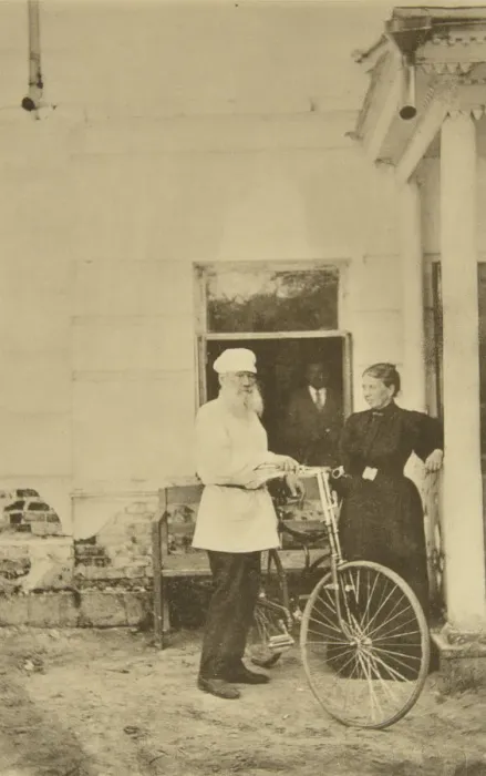 Framed Print : Russian author Leo Tolstoy with a bicycle, Russia, 1890s. Artist: Sophia Tolstaya