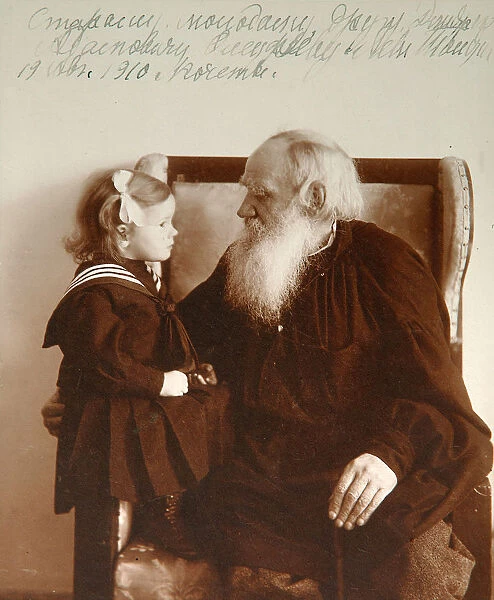 Russian author Leo Tolstoy with his granddaughter Tatiana, Yasnaya Polyana, Russia, c1910. Artist: Vladimir Grigorievich Chertkov