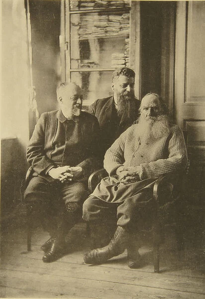 Russian author Leo Tolstoy with politician Mikhail Stakhovich and Mikhail Sukhotin, Russia, 1900s. Artist: Sophia Tolstaya