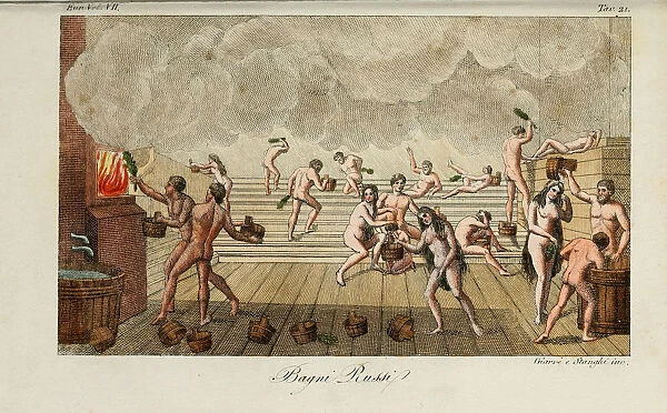 Russian bath. Illustration from Il costume antico e moderno o storia del governo? by Giulio Ferrario, 1831. Artist: Giarre, Luigi (1772-1844)