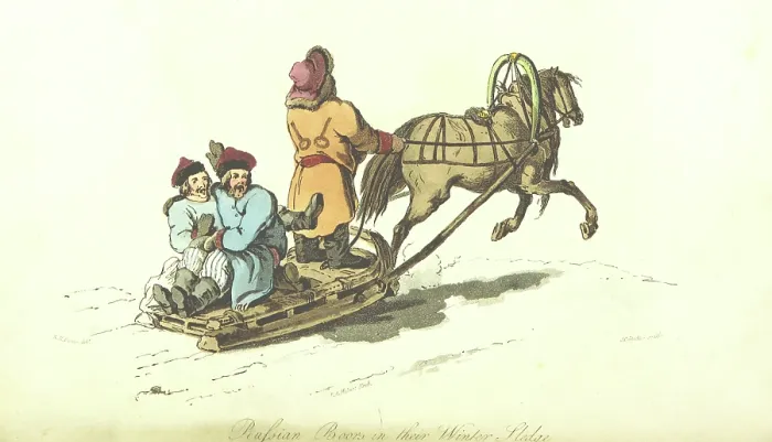 Framed Print : Russian Boors in their Winter Sledge, 1813. Creator: Robert Ker Porter Framed Print : Russian Boors in their Winter Sledge, 1813. Creator: Robert Ker Porter
