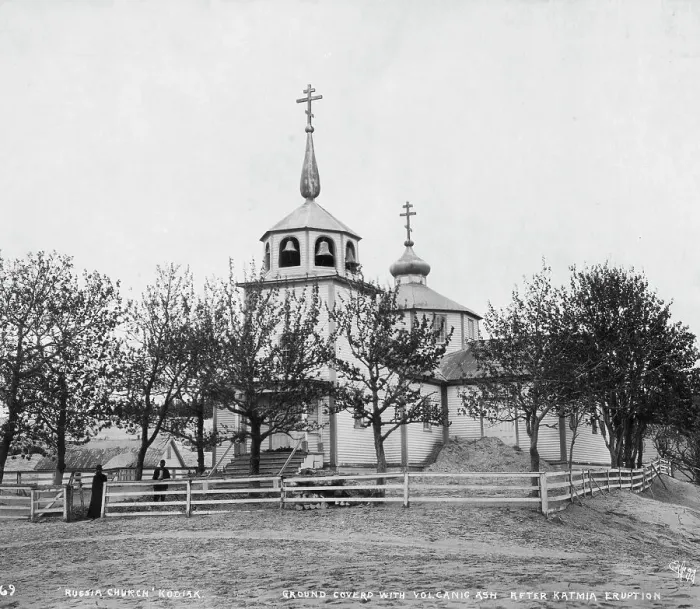 Framed Print : Russian church with ground covered with volcanic ash after Katmia [i.e. Mount Katmai] eruption, 1912 Creator: Eric A. Hegg
