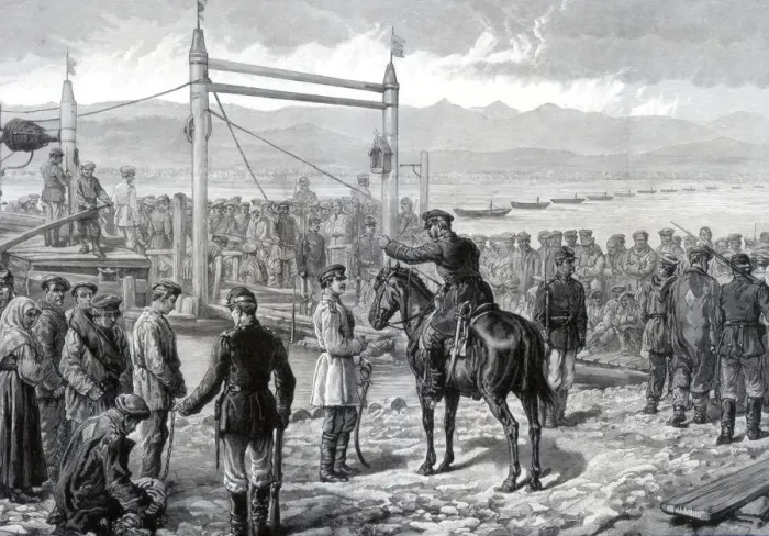 Framed Print : Russian convicts under military escort waiting to be ferried across the river Yenisei, Siberia, 1882 Framed Print : Russian convicts under military escort waiting to be ferried across the river Yenisei, Siberia, 1882
