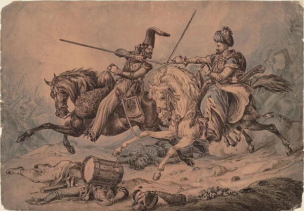 Russian Cossack in combat with a Mameluke, 1815. Artist: Heath, William (1795-1840)