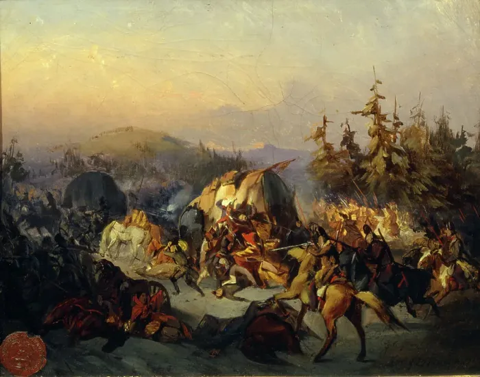 Framed Print : Russian Cossacks attack French troops in transit. Artist: Filippov, Konstantin Nikolayevich (1830-1878) Framed Print : Russian Cossacks attack French troops in transit. Artist: Filippov, Konstantin Nikolayevich (1830-1878)
