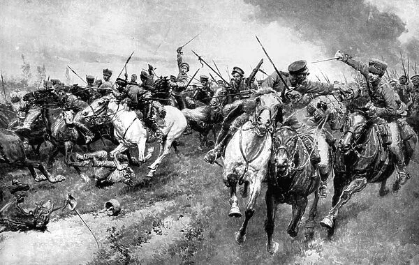 Russian Cossacks attacking German army, East Prussia, First World War, 1914