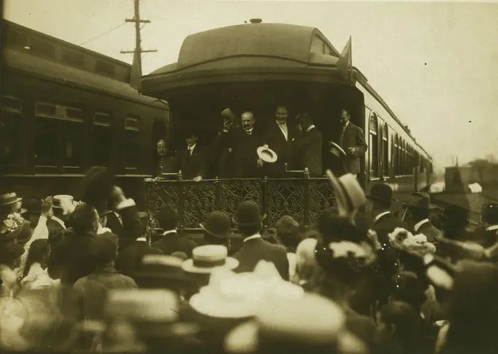 Framed Print : Russian diplomats waving at crowds from the back of a train car, 1905. Creator: Unknown Framed Print : Russian diplomats waving at crowds from the back of a train car, 1905. Creator: Unknown