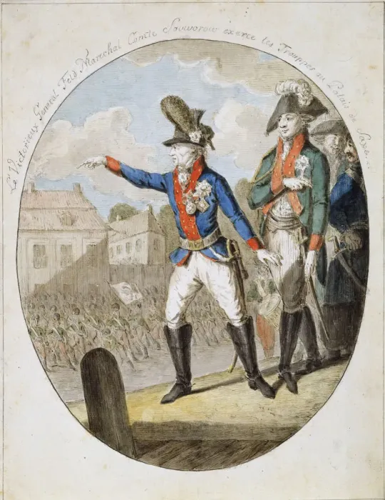 Framed Print : Russian Field Marshal Alexander Suvorov inspecting troops, c1794 Framed Print : Russian Field Marshal Alexander Suvorov inspecting troops, c1794