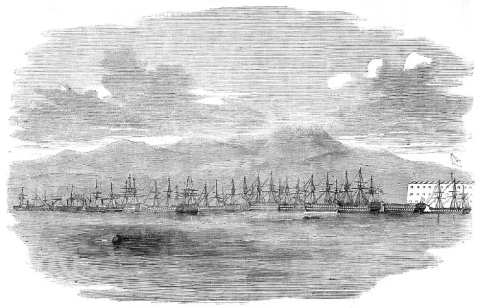 Framed Print : Russian Fleet moored outside the Batteries of Sebastopol, under the guns, September 22, 1854. Creator: Unknown