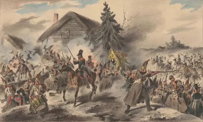 Framed Print : Russian grenadiers attacked by Polish Uhlans, 1835 Framed Print : Russian grenadiers attacked by Polish Uhlans, 1835