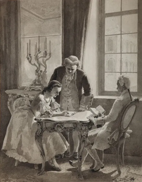 Framed Print : Russian language lesson of Empress Catherine II, 1894. Artist: Klodt, Mikhail Petrovich, Baron (1835-1914) Framed Print : Russian language lesson of Empress Catherine II, 1894. Artist: Klodt, Mikhail Petrovich, Baron (1835-1914)