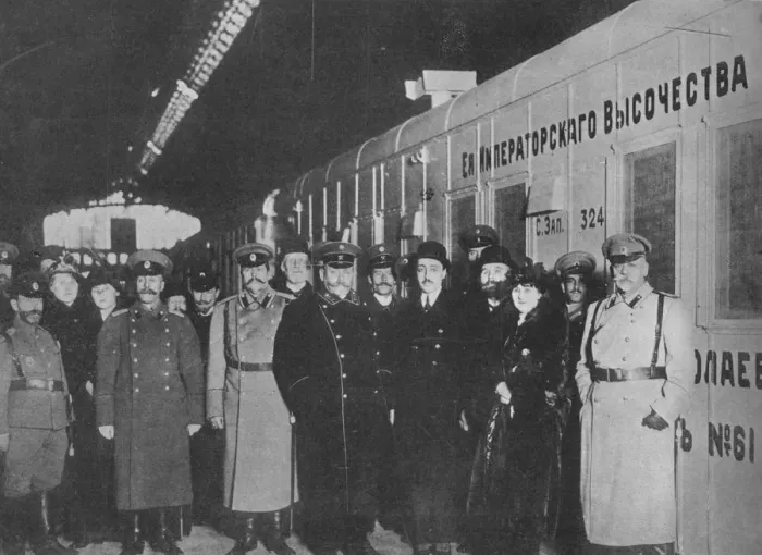 Framed Print : The Russian Minister of War inspecting a Red Cross train leaving for the front, 1915 Framed Print : The Russian Minister of War inspecting a Red Cross train leaving for the front, 1915