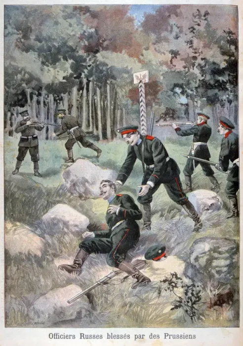 Framed Print : Russian officer wounded by the Prussians, Russian border, 1898. Artist: F Meaulle Framed Print : Russian officer wounded by the Prussians, Russian border, 1898. Artist: F Meaulle