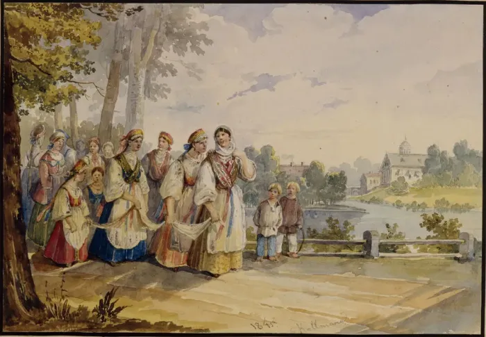 Framed Print : Russian peasant girls with Festival Dress, 1845. Artist: Kolmann, Karl Ivanovich (1786-1846) Framed Print : Russian peasant girls with Festival Dress, 1845. Artist: Kolmann, Karl Ivanovich (1786-1846)