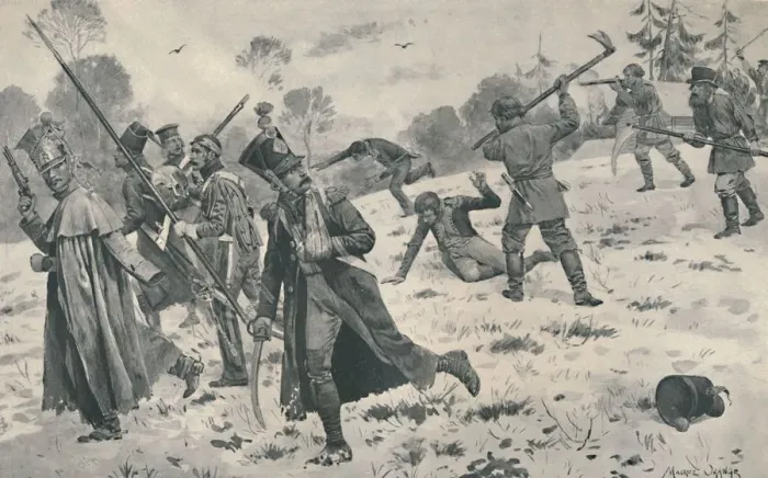 Framed Print : Russian Peasants Attacking French Stragglers, 1812, (1896) Framed Print : Russian Peasants Attacking French Stragglers, 1812, (1896)