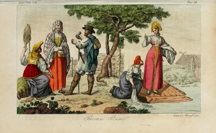Framed Print : Russian Peasants. Illustration from Il costume antico e moderno o storia del governo? by Giulio Ferrario, 1831. Artist: Giarre, Luigi (1772-1844)