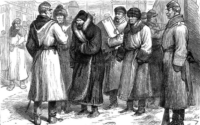 Framed Print : Russian political prisoners at a railway station, 1881. Creator: Unknown Framed Print : Russian political prisoners at a railway station, 1881. Creator: Unknown