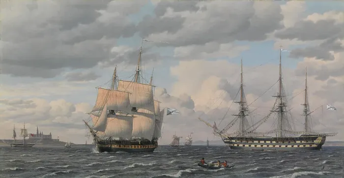 Framed Print : Russian sailing ships at the mouth of Helsingør harbor, 1826. Creator: CW Eckersberg Framed Print : Russian sailing ships at the mouth of Helsingør harbor, 1826. Creator: CW Eckersberg