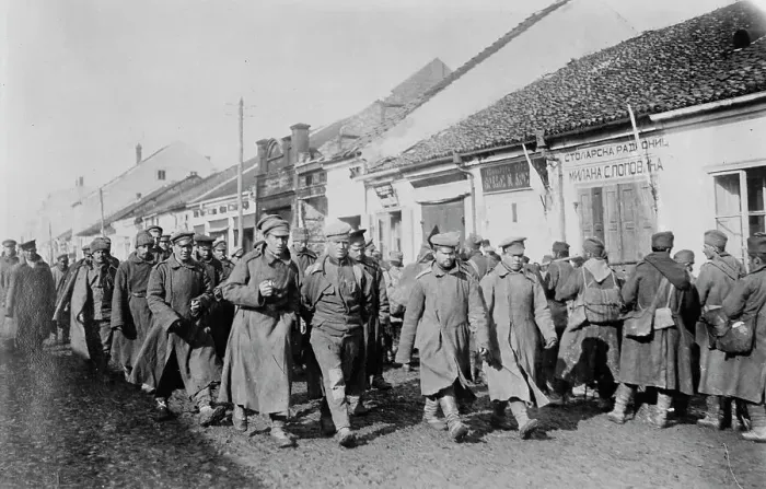 Framed Print : Russian & Servian [i.e. Serbian] prisoners in Servian village, between c1915 and c1920. Creator: Bain News Service. Russian & Servian [i.e. Serbian] prisoners in Servian village, between c1915 and c1920. Creator: Bain News Service