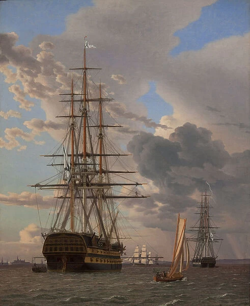 The Russian Ship of the Line Azov and a Frigate at Anchor in the Roads of Elsinore, 1828. Artist: Eckersberg, Christoffer-Wilhelm (1783-1853)