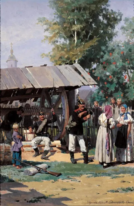 Framed Print : Russian Soldiers in a Country Village, 1877. Artist: Dmitriev-Orenburgsky, Nikolai Dmitrievich (1837-1898) Framed Print : Russian Soldiers in a Country Village, 1877. Artist: Dmitriev-Orenburgsky, Nikolai Dmitrievich (1837-1898)