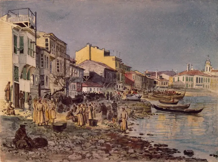 Framed Print : Russian Soldiers at the Embankment in San Stefano, 1878. Artist: Makarov, Evgeni Kirillovich (1842-1884) Framed Print : Russian Soldiers at the Embankment in San Stefano, 1878. Artist: Makarov, Evgeni Kirillovich (1842-1884)