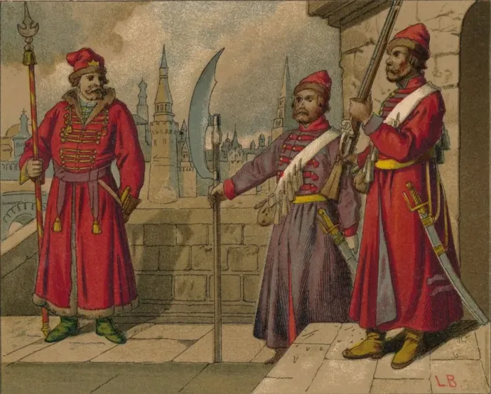 Framed Print : Russian Strelitzi and Turkish Guards of the 17th Century - Officer, Privates, c19th century Framed Print : Russian Strelitzi and Turkish Guards of the 17th Century - Officer, Privates, c19th century