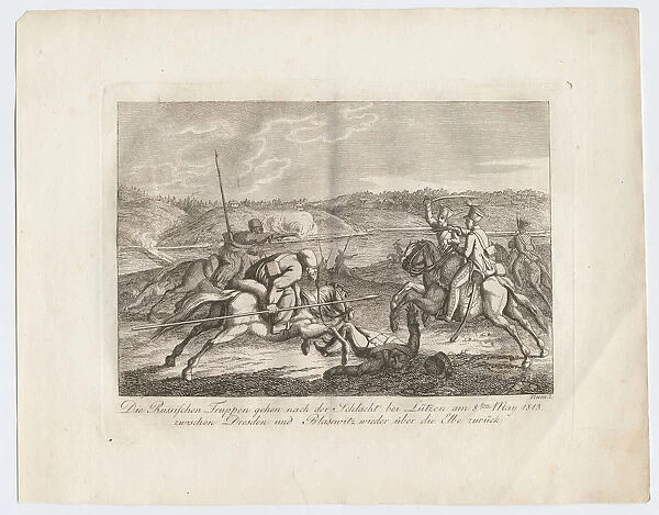 Russian troops go after the Battle of Lutzen back across the Elbe, 1813. Artist: Sauerweid