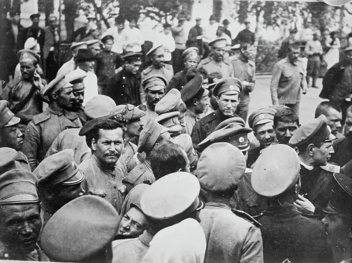 Framed Print : Russian troops at railroad station, between c1915 and c1920. Creator: Bain News Service Framed Print : Russian troops at railroad station, between c1915 and c1920. Creator: Bain News Service