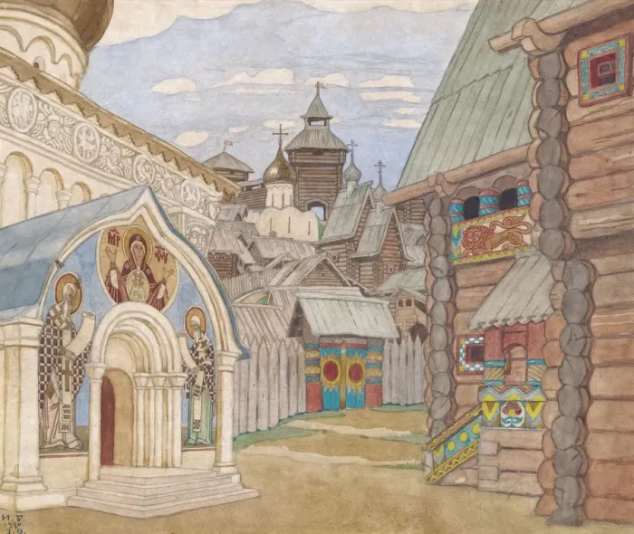 Framed Print : Russian Village. Stage design for the opera The Tale of Tsar Saltan by N. Rimsky-Korsakov. Artist: Bilibin, Ivan Yakovlevich (1876-1942) Framed Print : Russian Village. Stage design for the opera The Tale of Tsar Saltan by N. Rimsky-Korsakov. Artist: Bilibin, Ivan Yakovlevich (1876-1942)
