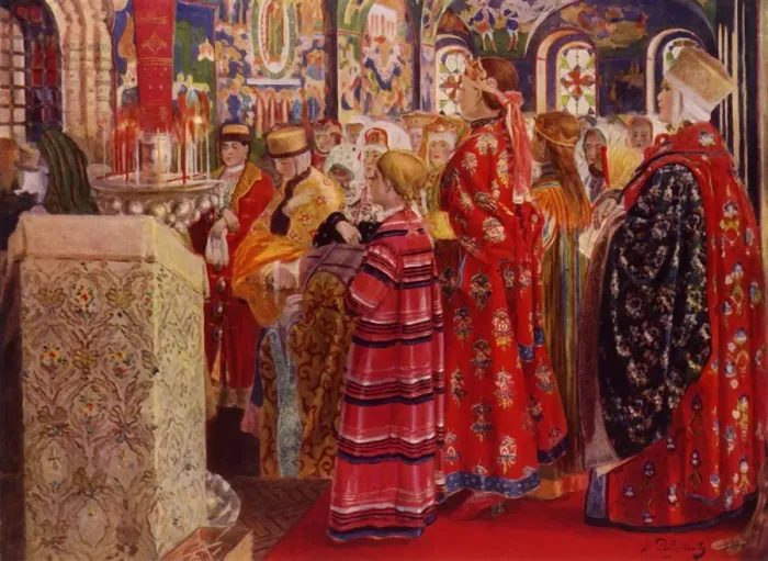 Framed Print : Russian Women of the 17th Century at Church, 1899, (1965). Creator: Andrey Ryabushkin
