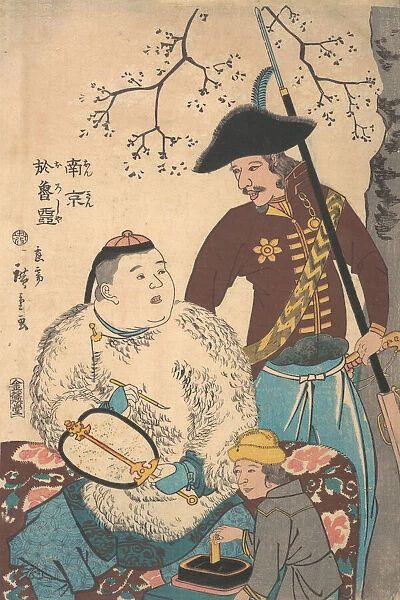Russians and a Chinese Inscribing a Fan, 12th month, 1860. Creator: Utagawa Hiroshige II
