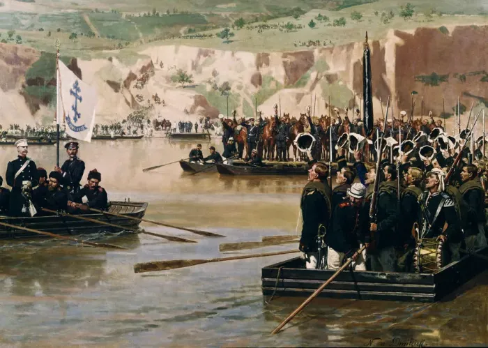 Framed Print : The Russians crossing the Danube at Svishtov in Juny 1877, 1870s. Artist: Dmitriev-Orenburgsky, Nikolai Dmitrievich (1837-1898) Framed Print : The Russians crossing the Danube at Svishtov in Juny 1877, 1870s. Artist: Dmitriev-Orenburgsky, Nikolai Dmitrievich (1837-1898)