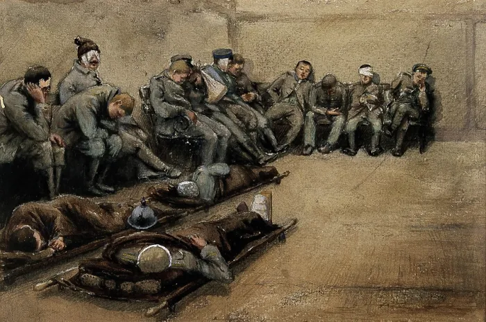 Framed Print : Russo-Japanese War: wounded soldiers slouched on benches and on stretchers on a stone floor. Creator: Unknown Framed Print : Russo-Japanese War: wounded soldiers slouched on benches and on stretchers on a stone floor. Creator: Unknown