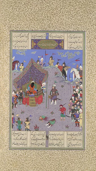 Rustam Brings the Div King to Kai Kavus for Execution, Folio 127v from the... ca