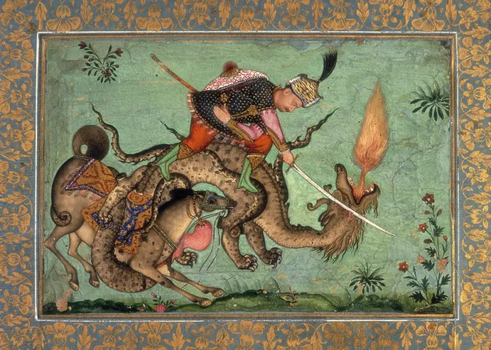 Framed Print : Rustam and his horse Rahksh fighting a dragon. 1640-1660. Creator: Unknown Framed Print : Rustam and his horse Rahksh fighting a dragon. 1640-1660. Creator: Unknown