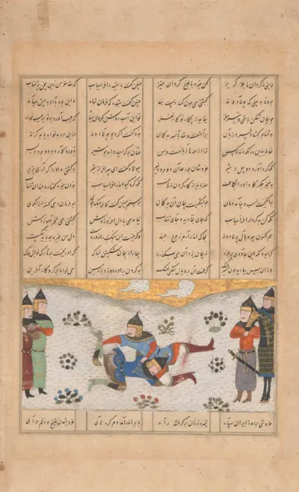 Framed Print : Rustam Wrestles with Puladvand, Folio from a Shahnama, 15th century. Creator: Unknown Framed Print : Rustam Wrestles with Puladvand, Folio from a Shahnama, 15th century. Creator: Unknown