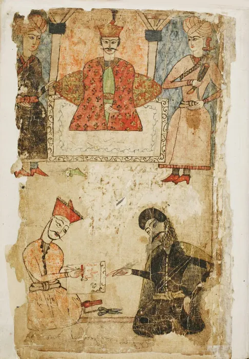 Framed Print : Rustaveli dictates his poem to a chancellor. Illustration to the poem The Knight in the Panthers Skin by Shota Rustaveli, Mid of 17th cen Artist: Tavakalashvili, Mamuka (1611-1657)