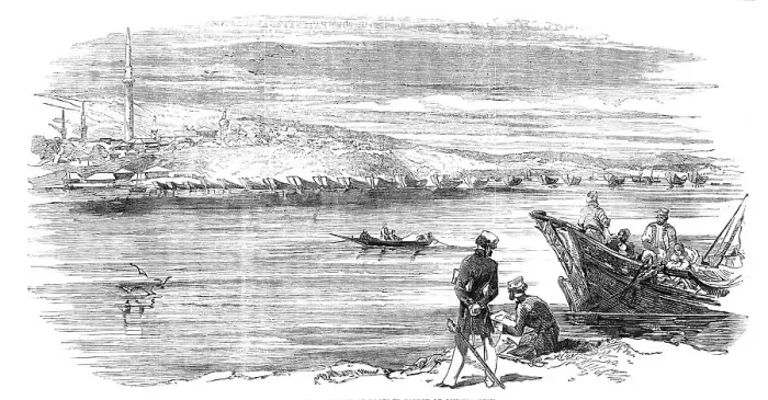 Framed Print : Rustchuk - Bridge of Boats in Course of Construction, 1854. Creator: Unknown Framed Print : Rustchuk - Bridge of Boats in Course of Construction, 1854. Creator: Unknown