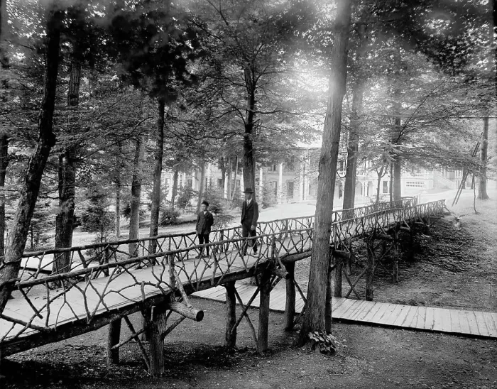 Framed Print : Rustic bridge, Chautauqua, between 1880 and 1899. Creator: Unknown Framed Print : Rustic bridge, Chautauqua, between 1880 and 1899. Creator: Unknown