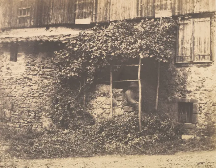 Framed Print : [Rustic Building with Man under Trellis], ca. 1853. Creator: Andre Giroux