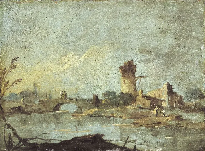 Framed Print : Rustic caprice, with ruined bridge and tower. Creator: Francesco Guardi Framed Print : Rustic caprice, with ruined bridge and tower. Creator: Francesco Guardi