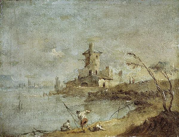 Rustic Caprice, with tower beside water. Creator: Francesco Guardi