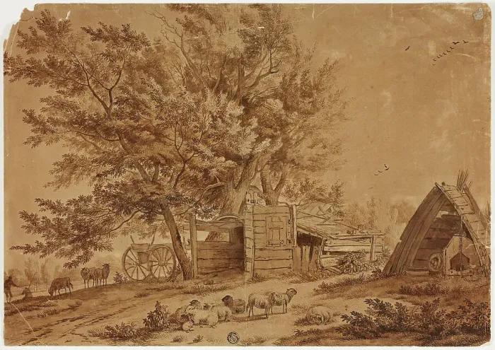 Framed Print : Rustic Scene with Sheep, Sheds, and Spreading Trees, n.d. Creator: Jan van der Meer Framed Print : Rustic Scene with Sheep, Sheds, and Spreading Trees, n.d. Creator: Jan van der Meer