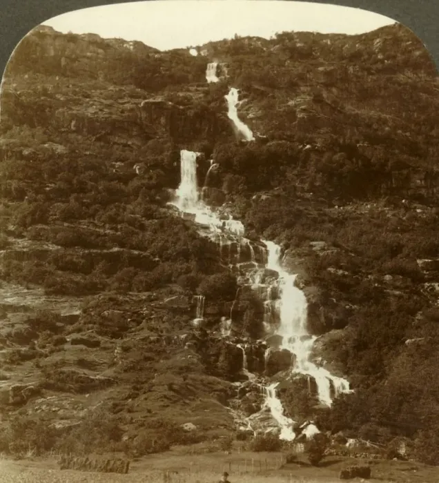 Framed Print : Rustoen Falls, as they come out of the sky, above Rustoefjeld heights, Norway, c1905 Framed Print : Rustoen Falls, as they come out of the sky, above Rustoefjeld heights, Norway, c1905
