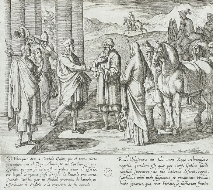 Framed Print : Ruy Velazquez Asks Gonzalo Gustos to Deliver a Letter to King Almanzor of Cordoba, 1612. Creator: Antonio Tempesta Framed Print : Ruy Velazquez Asks Gonzalo Gustos to Deliver a Letter to King Almanzor of Cordoba, 1612. Creator: Antonio Tempesta