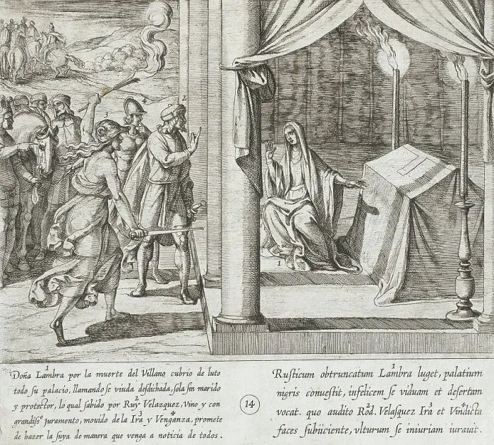 Framed Print : Ruy Velazquez Promises Doña Lambra that He Will Avenge the Death of the Villager, 1612. Creator: Antonio Tempesta Framed Print : Ruy Velazquez Promises Doña Lambra that He Will Avenge the Death of the Villager, 1612. Creator: Antonio Tempesta