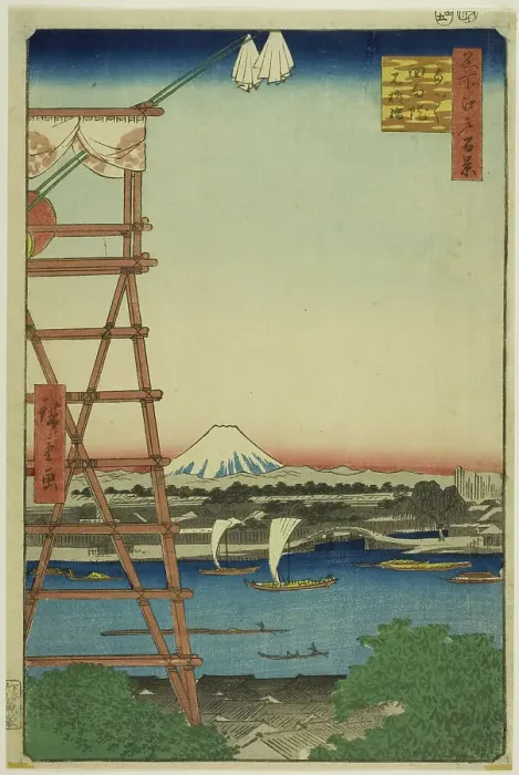 Framed Print : Ryogoku Ekoin and Moto-Yanagi Bridge (Ryogoku Ekoin Moto-Yanagibashi), from the series... 1857. Creator: Ando Hiroshige Framed Print : Ryogoku Ekoin and Moto-Yanagi Bridge (Ryogoku Ekoin Moto-Yanagibashi), from the series... 1857. Creator: Ando Hiroshige